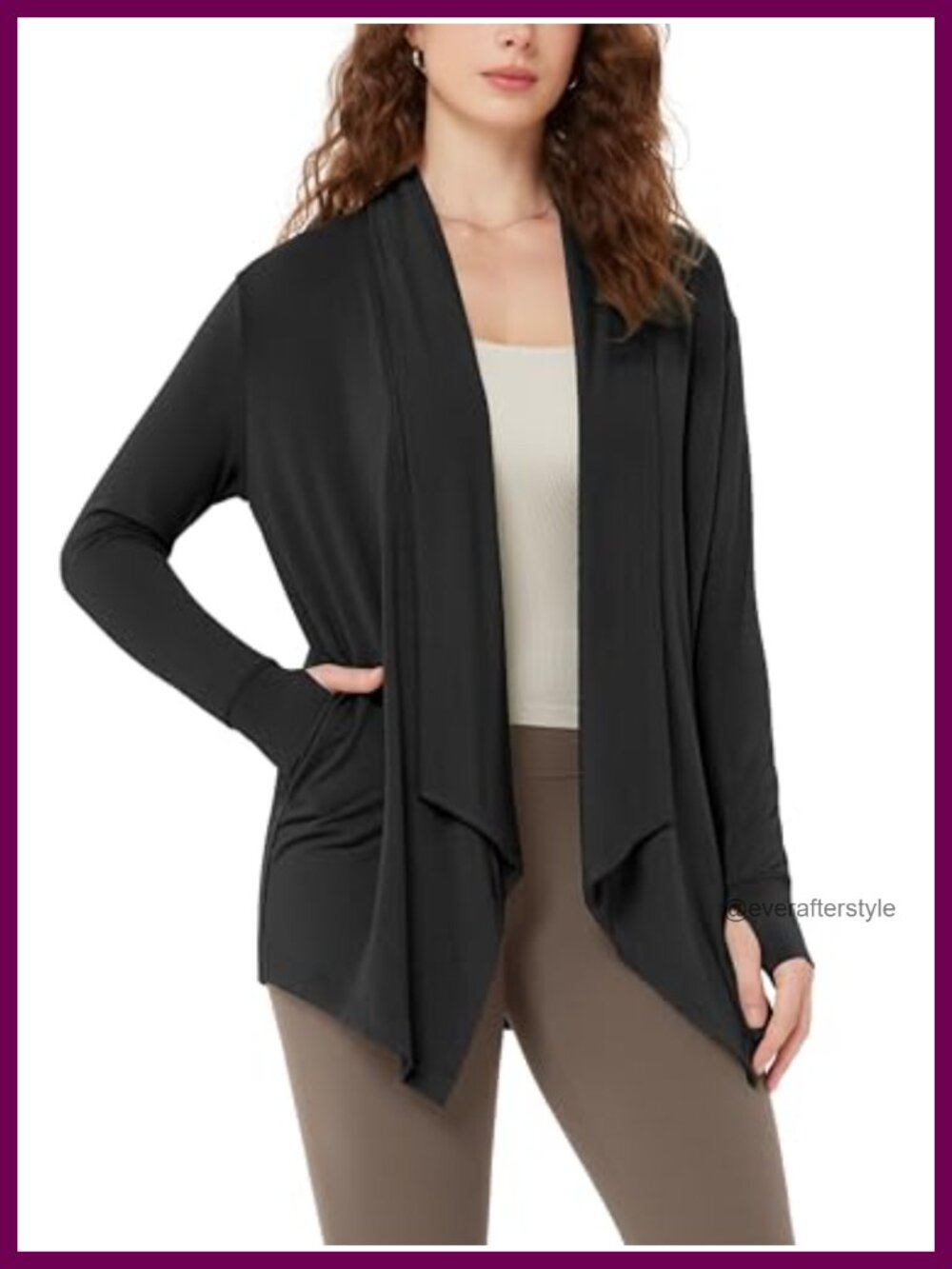 Drape Open Front Cardigan Long Sleeve Thumb Hole Pockets Rayon Spandex